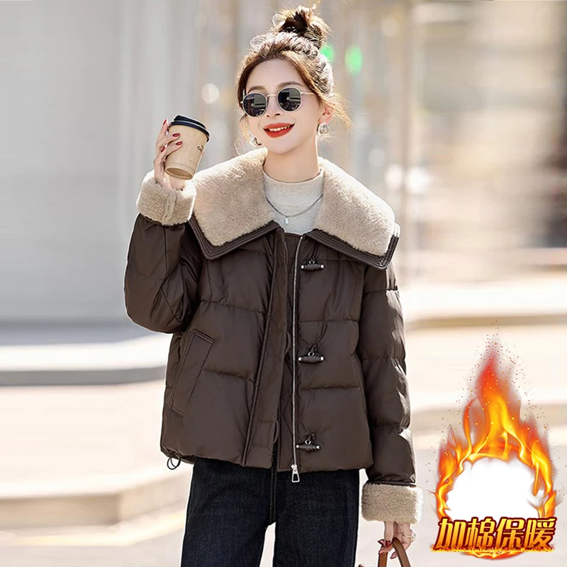 时尚拼接翻领棉服外套女2025年冬季款宽松休闲韩版百搭短款面包服