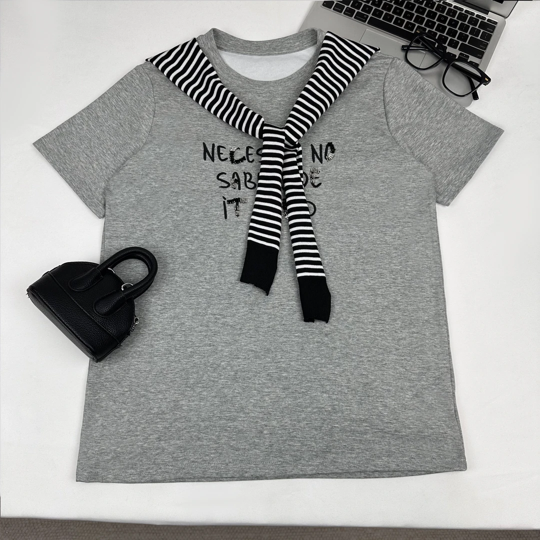 简约时尚字母圆领气质宽松显瘦披肩短袖T恤 HRBCT1728-1