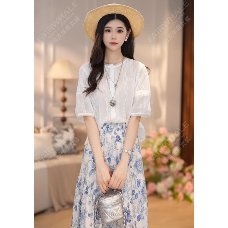 马克华菲舒适简约纯色百搭气质圆领女短袖单排扣衬衫上衣 N