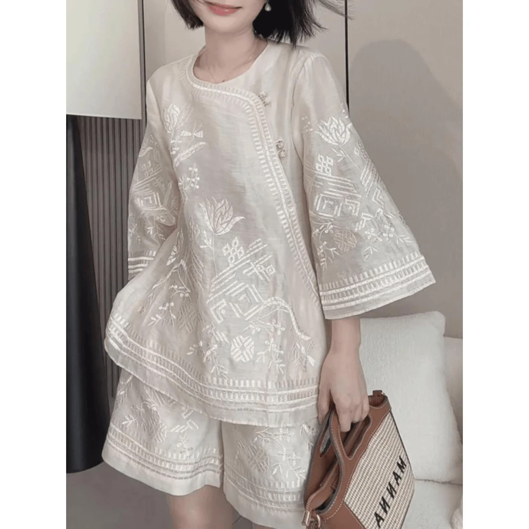 新中式国风2025夏季新款高级感显瘦上衣百搭休闲套装女短裤两件套