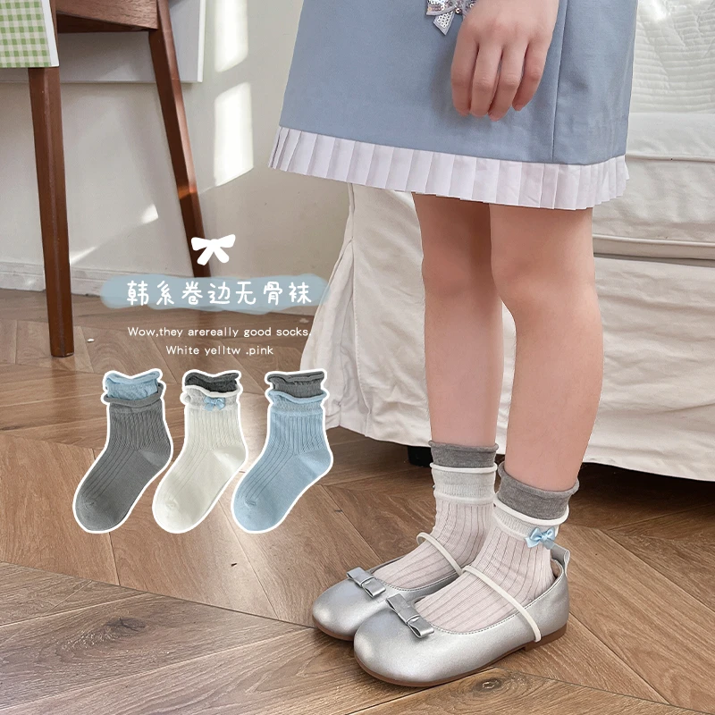 女童袜子春夏精梳棉薄款儿童韩系ins卷边松口袜中大童宝宝中筒袜