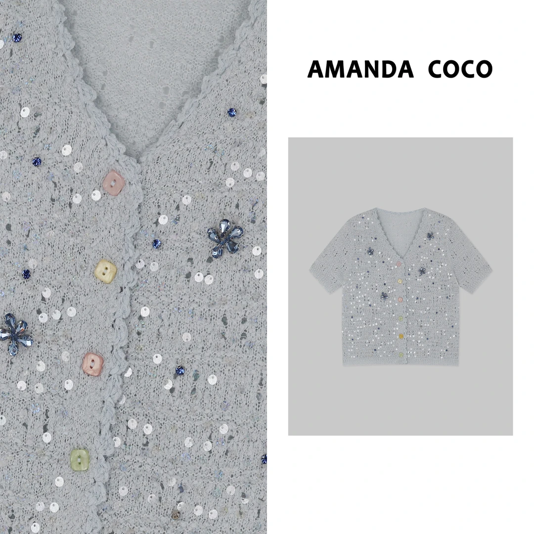 【Lena】夏日绮梦～重工钉钻亮片气质显白v领短袖针织