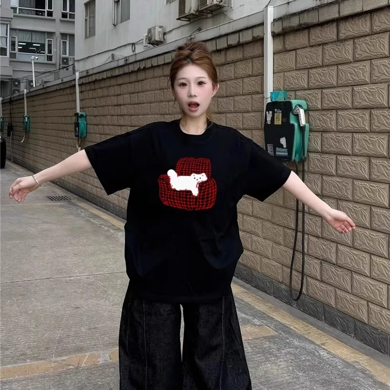 纯棉短袖t恤女2025夏季新款正肩设计感小众美式高街宽松半袖体恤