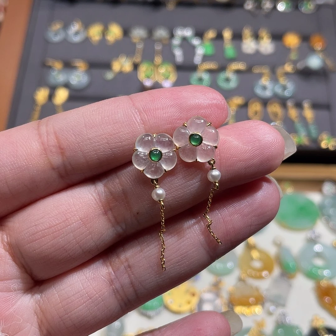 翡翠耳饰18K金镶嵌冰花花