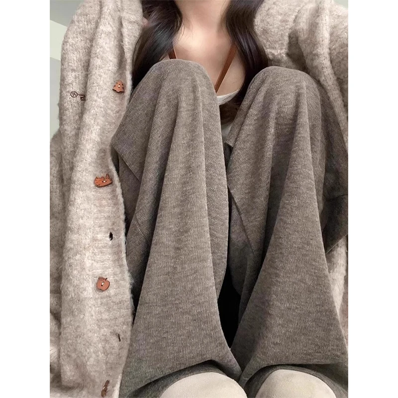 咖色休闲糯米裤女早春小个子高腰直筒垂感梨形宽松休闲针织阔腿裤