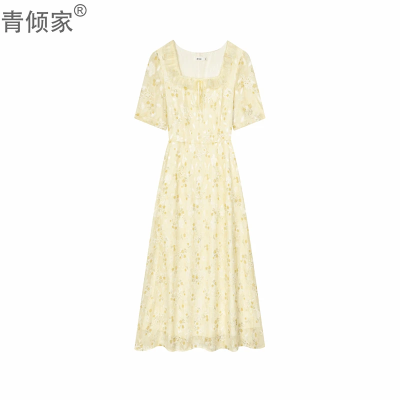 青倾家【南法假日】春夏法式缩肩袖蕾丝假两件碎花收腰显瘦连衣裙