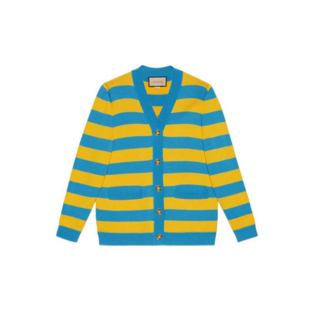 未使用 GUCCI/古驰 女款宽松版型黄蓝条纹背后卡通萌萌猫开衫