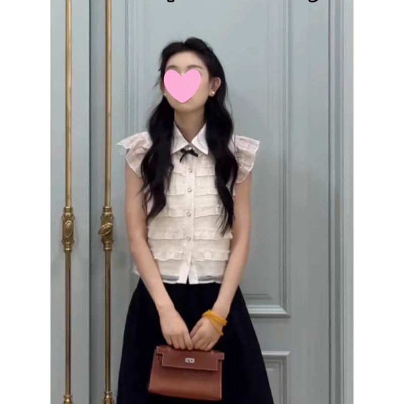 鸥纪儿女装同款韩系蕾丝拼接娃娃领小飞袖衬衫女夏季时髦减龄上衣