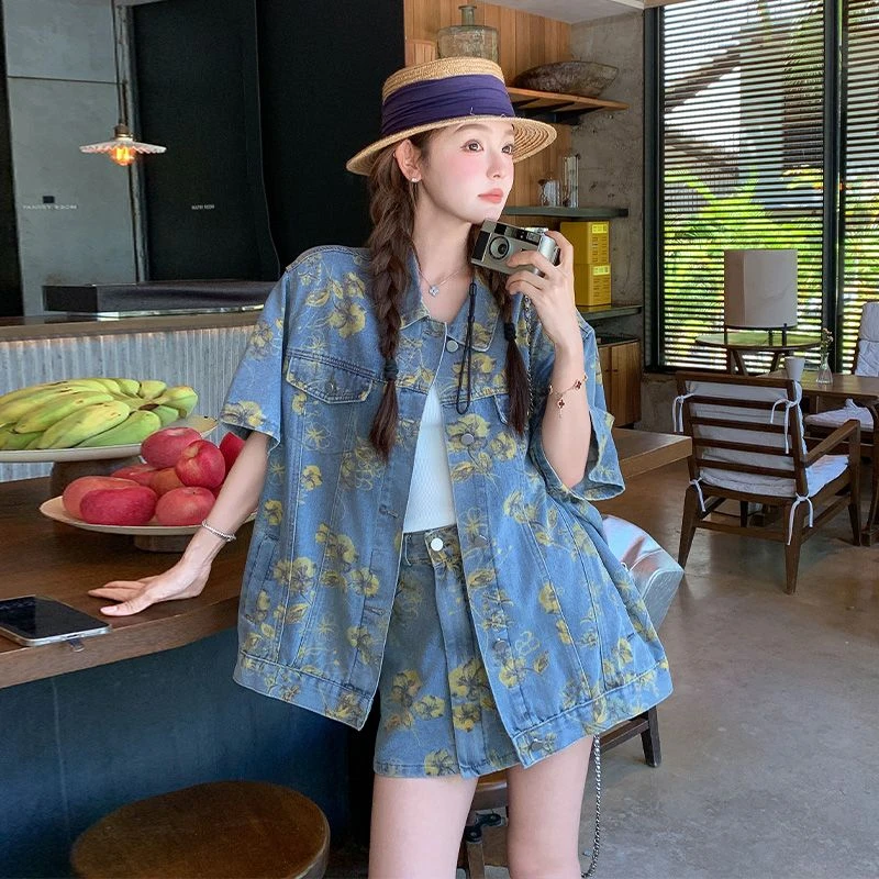碎花小香风牛仔外套短裙套装2025新款女夏薄款巨时尚小个子两件套