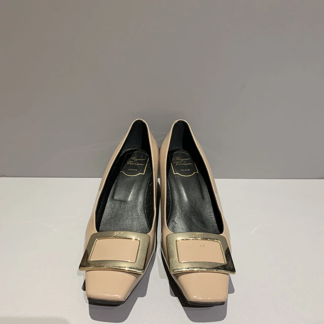 95新 Roger Vivier/罗杰·维威耶 蔚蓝/大象灰 方扣 高跟鞋37.5码