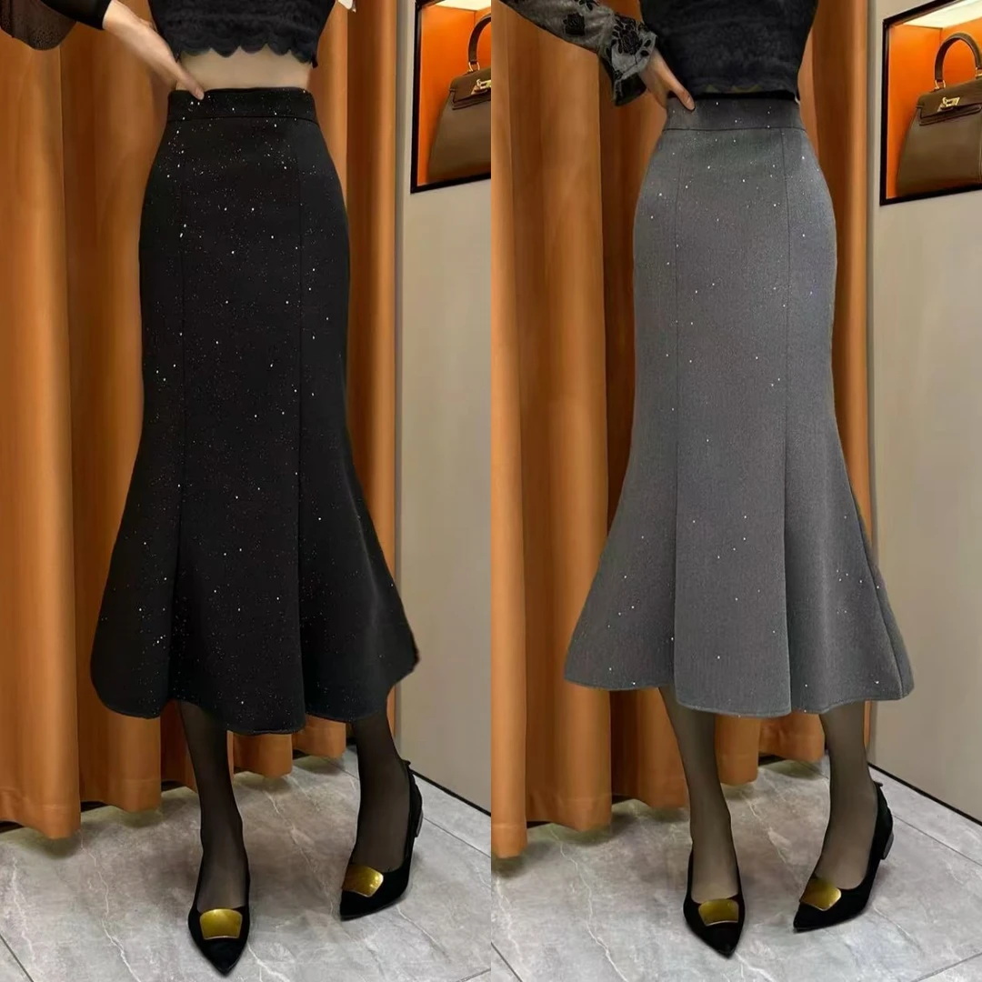 【柏芝推荐】2025春季新款小香风亮闪后开叉鱼尾裙气质显瘦半身裙女