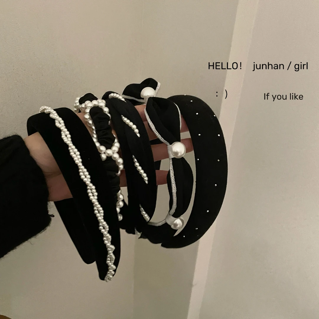 伊人夕岸！黑色丝绒珍珠发箍！黑色压发头箍氛围感气质甜美发捆女