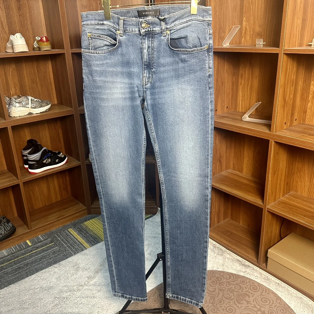 全新未使用 VERSACE/范思哲 水洗修身牛仔裤直筒浅蓝色小标