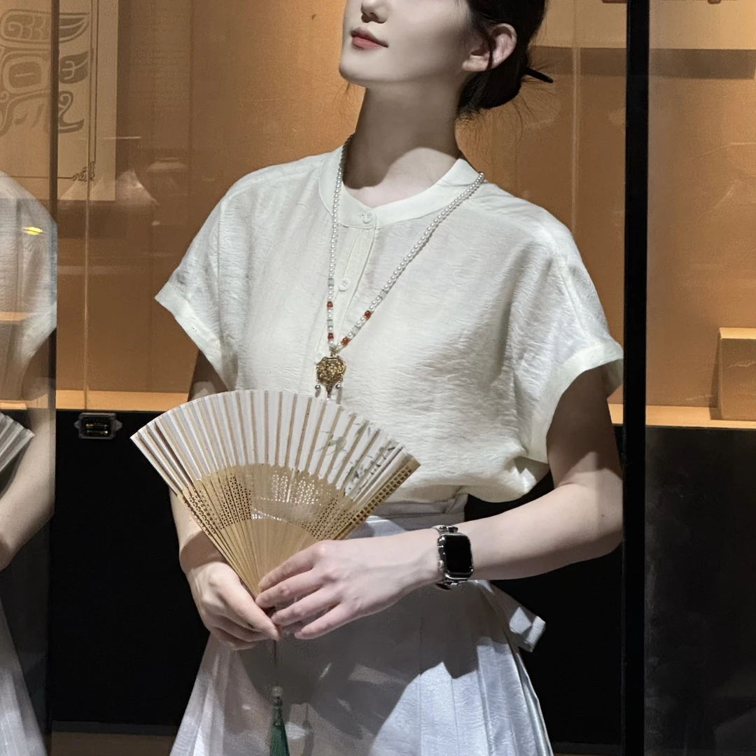 汉服日常【春归短袖上衣】原创牡丹暗纹国风新中式立领上衣薄款夏款