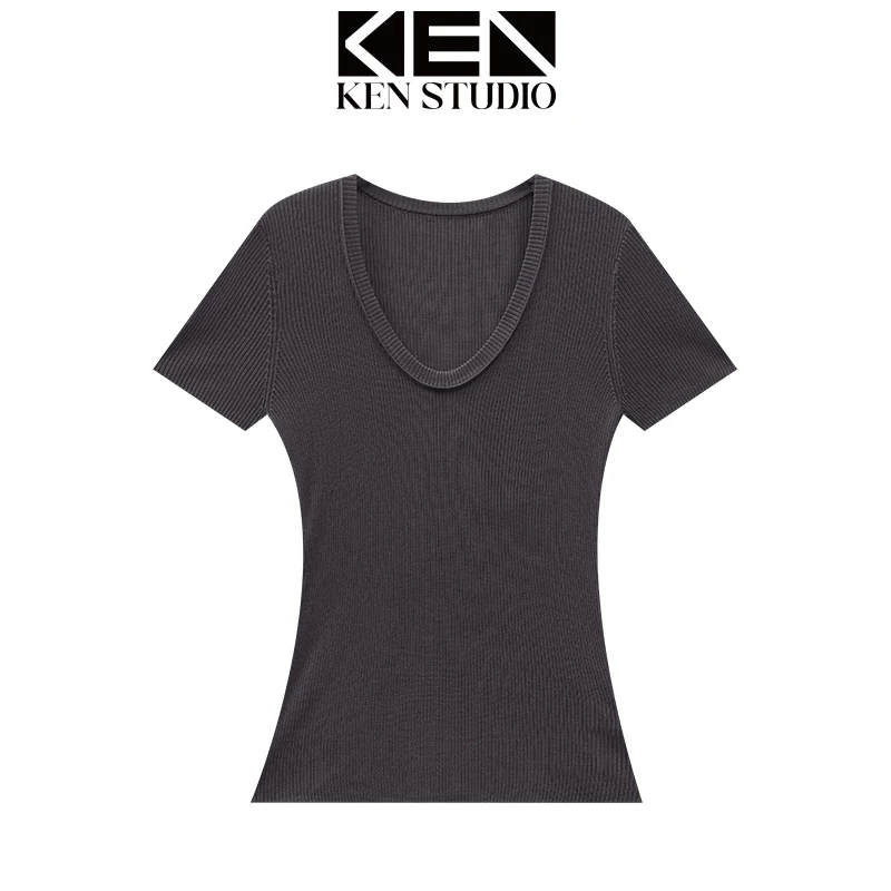 KEN STUDIO夏季新款深灰色短袖T恤V领微弹修身显瘦百搭女打底上衣