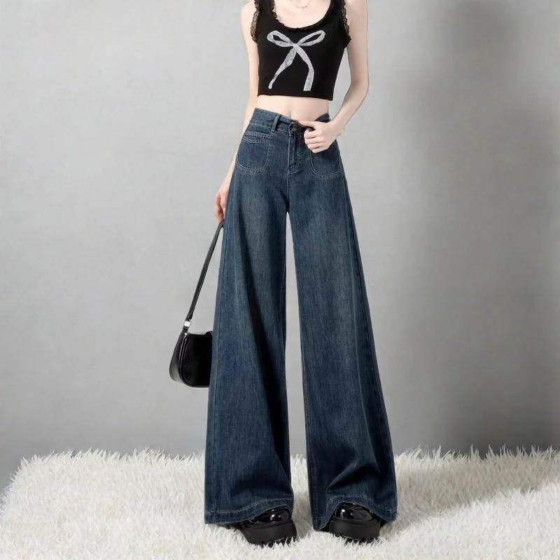 美式复古高腰阔腿牛仔裤女2025春季新款宽松显瘦慵懒风垂感拖地裤