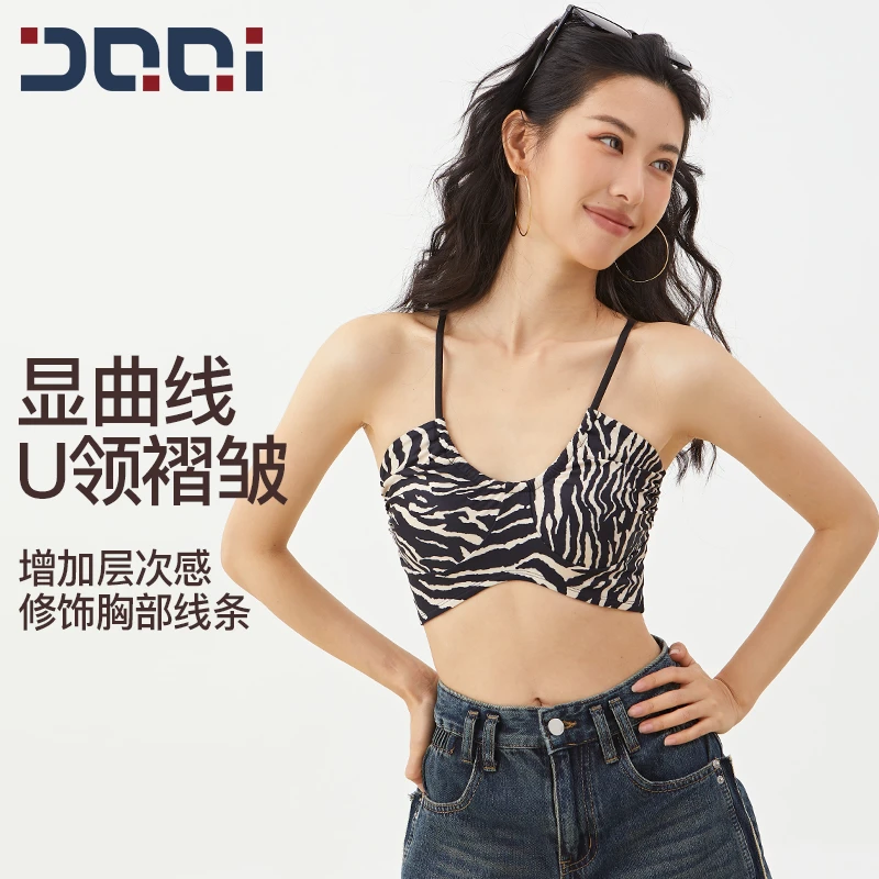 的确奇【夏新品】美式复古豹纹吊带文胸无袖一体杯时尚运动内衣2210