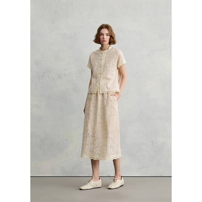 EIN/言浪漫法式绣花镂空双波浪花边A字型文艺半身裙2025春夏新款