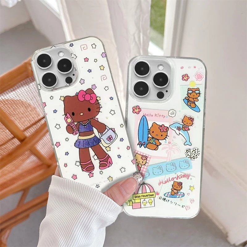 黑皮辣妹凯蒂猫白色大孔手机壳适用苹果/华为/小米/VIVO/OPPO防摔