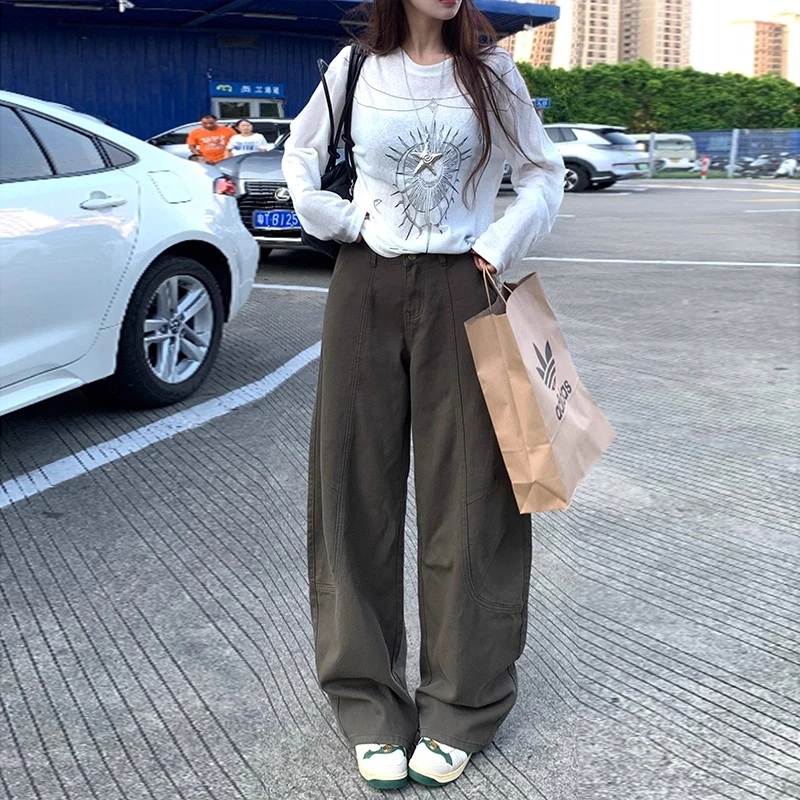 2025秋季复古弯刀阔腿裤女高腰宽松显瘦百搭休闲拖地裤显高长裤