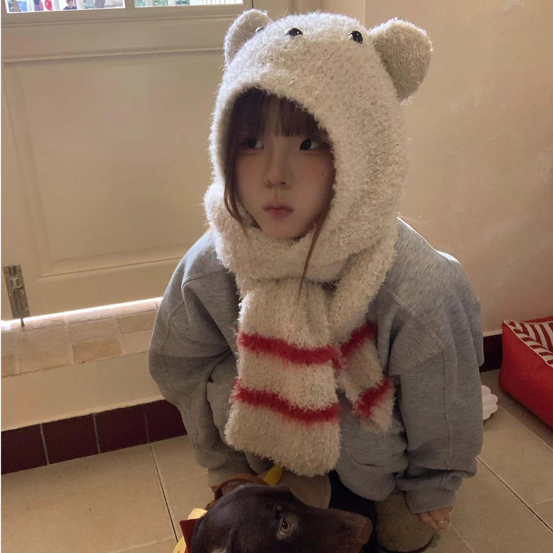 可爱小熊毛绒帽子围巾一体甜美卡通绒帽秋冬加厚少女心保暖雷锋帽