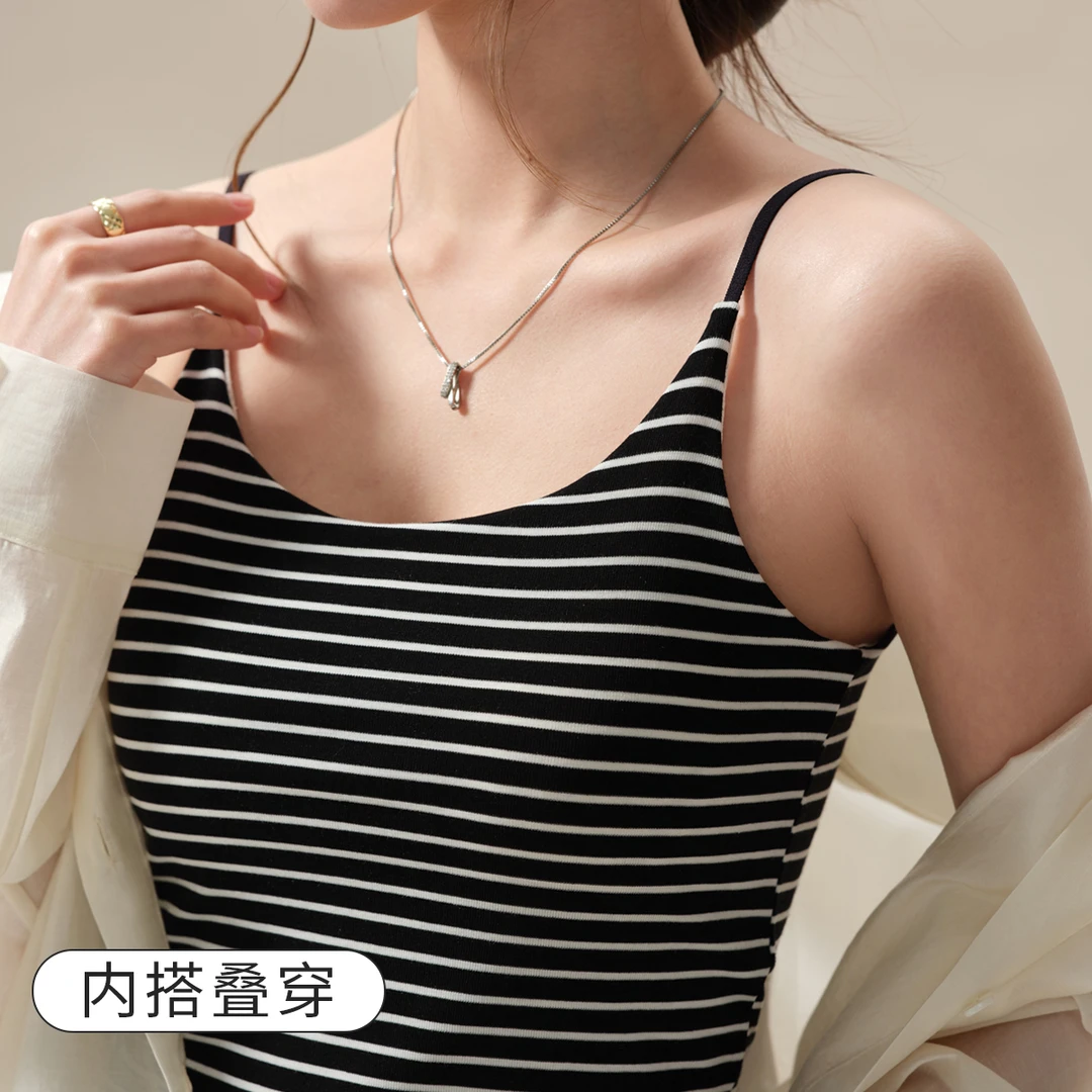 条纹吊带背心女内搭夏季美背文胸一体修身打底带胸垫外穿无袖上衣