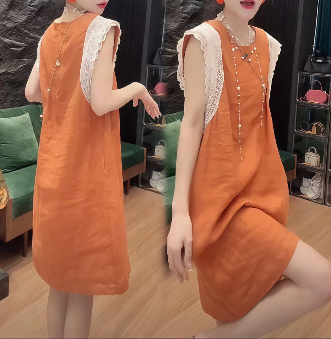 夏季拼接纯色慵懒风老钱风中长款圆领无袖连衣裙气质蕾丝女装特色