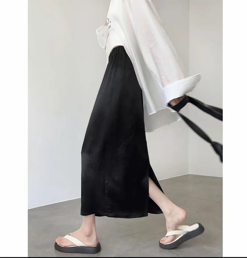 【现货醋酸半裙】夏款新品松紧腰后开叉醋酸半身裙