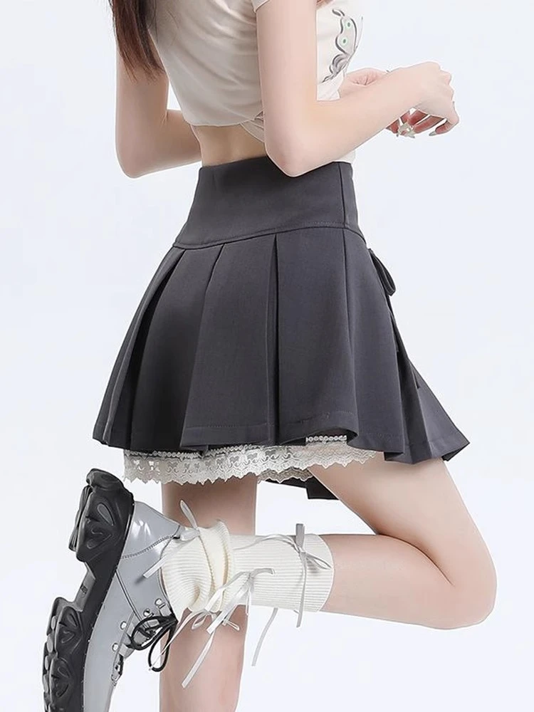 大码灰色蕾丝花边百褶半身裙女夏季高腰显瘦防走光a字西装短裙