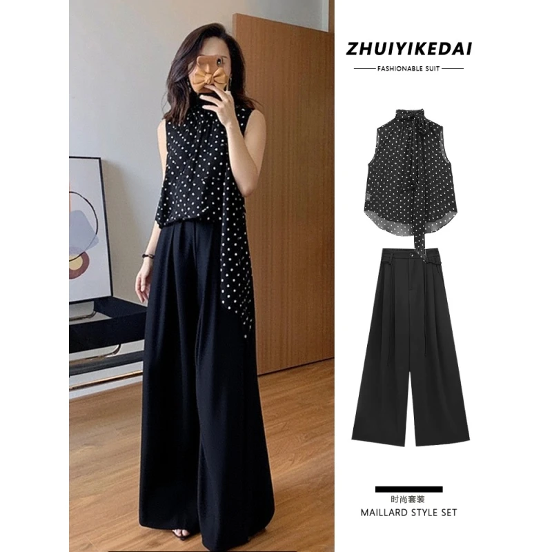 2025夏季新款小众设计感气质波点飘带无袖短上衣黑色阔腿裤套装女