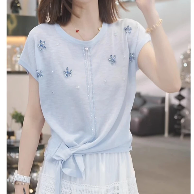 轻熟风休闲短袖针织衫女2025夏季新品时尚显高显瘦宽松百搭上衣女