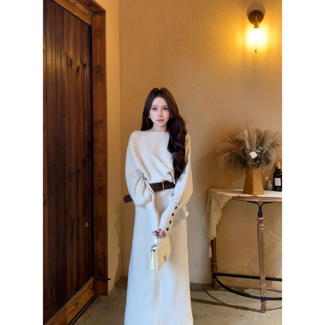 韩版斜肩针织衫两件套设计感露肩针织上衣+高腰半身裙套装+腰带