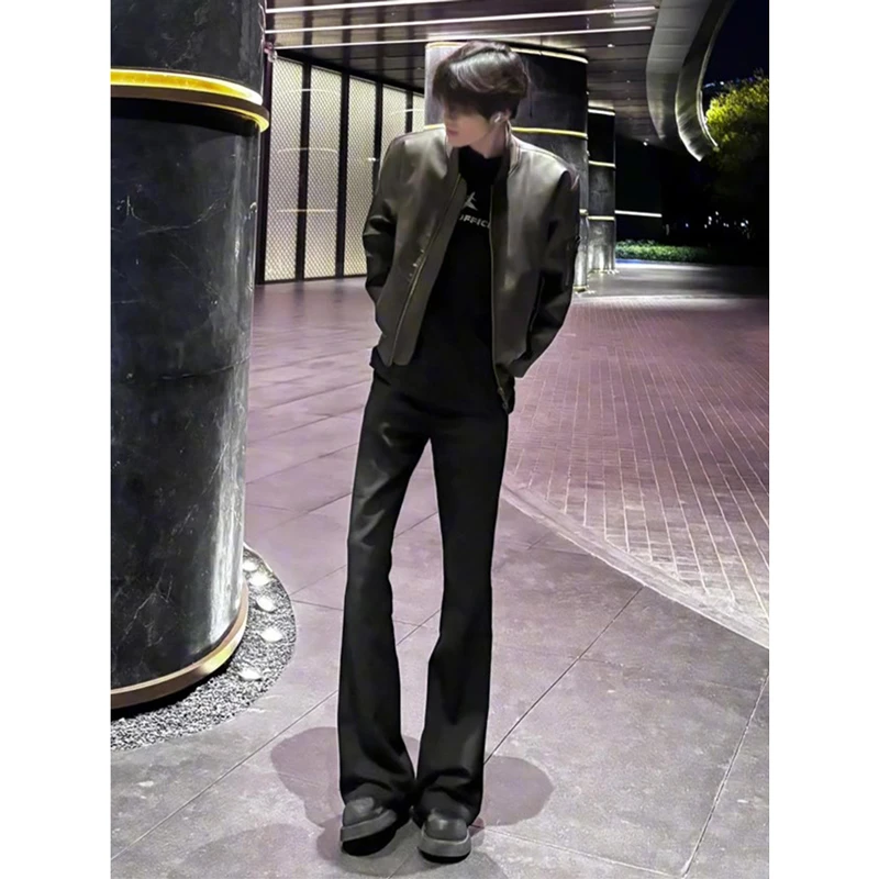 saiw黑色cleanfit加绒微喇休闲男款秋冬直筒窄版裤子个子高牛仔裤