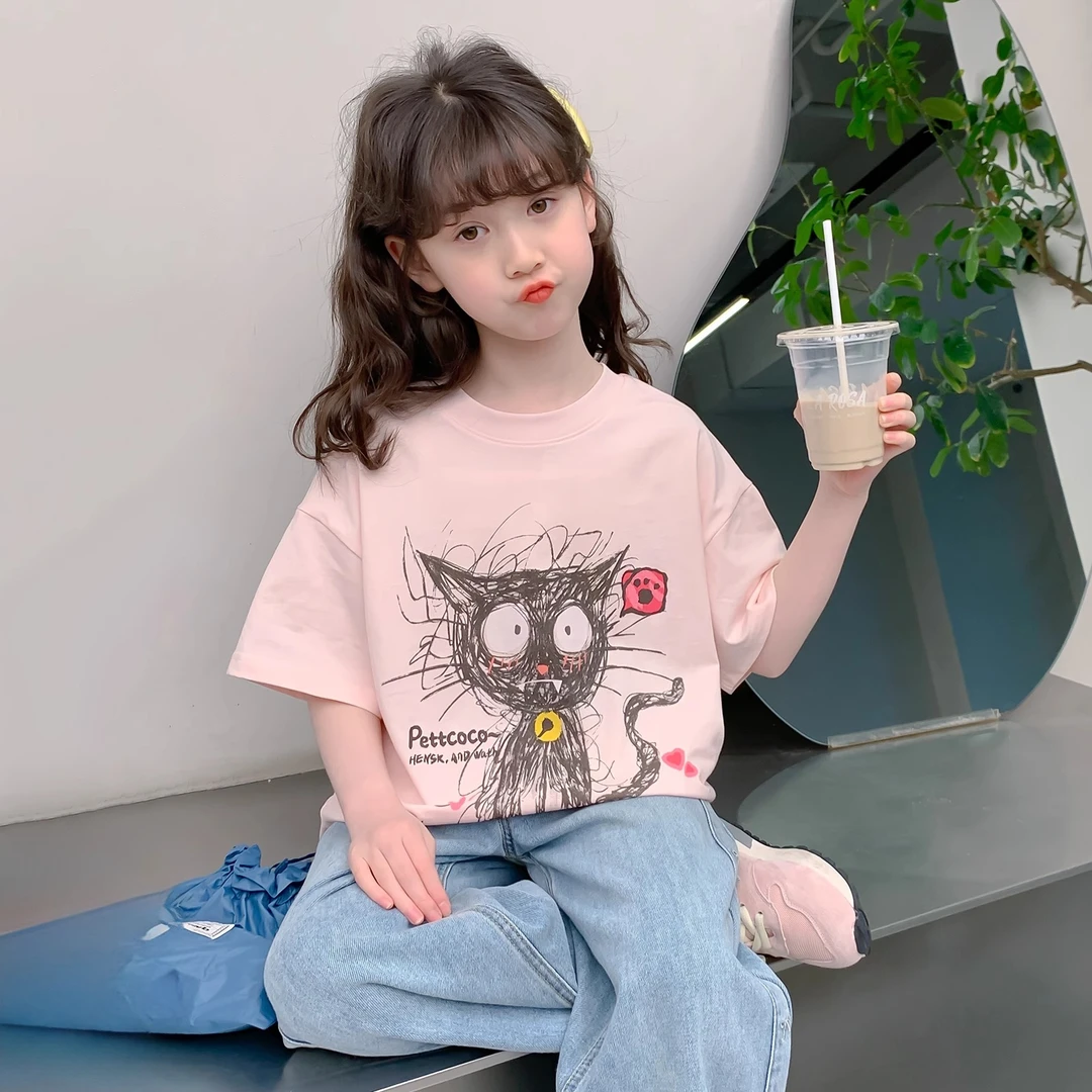 女童t恤短袖夏款2025新款洋气童装女孩圆领休闲儿童夏天上衣薄款
