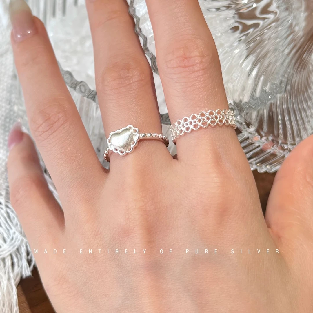 925银戒指 拉丝爱心女ins风叠戴百搭小众设计感蕾丝花边开口指环