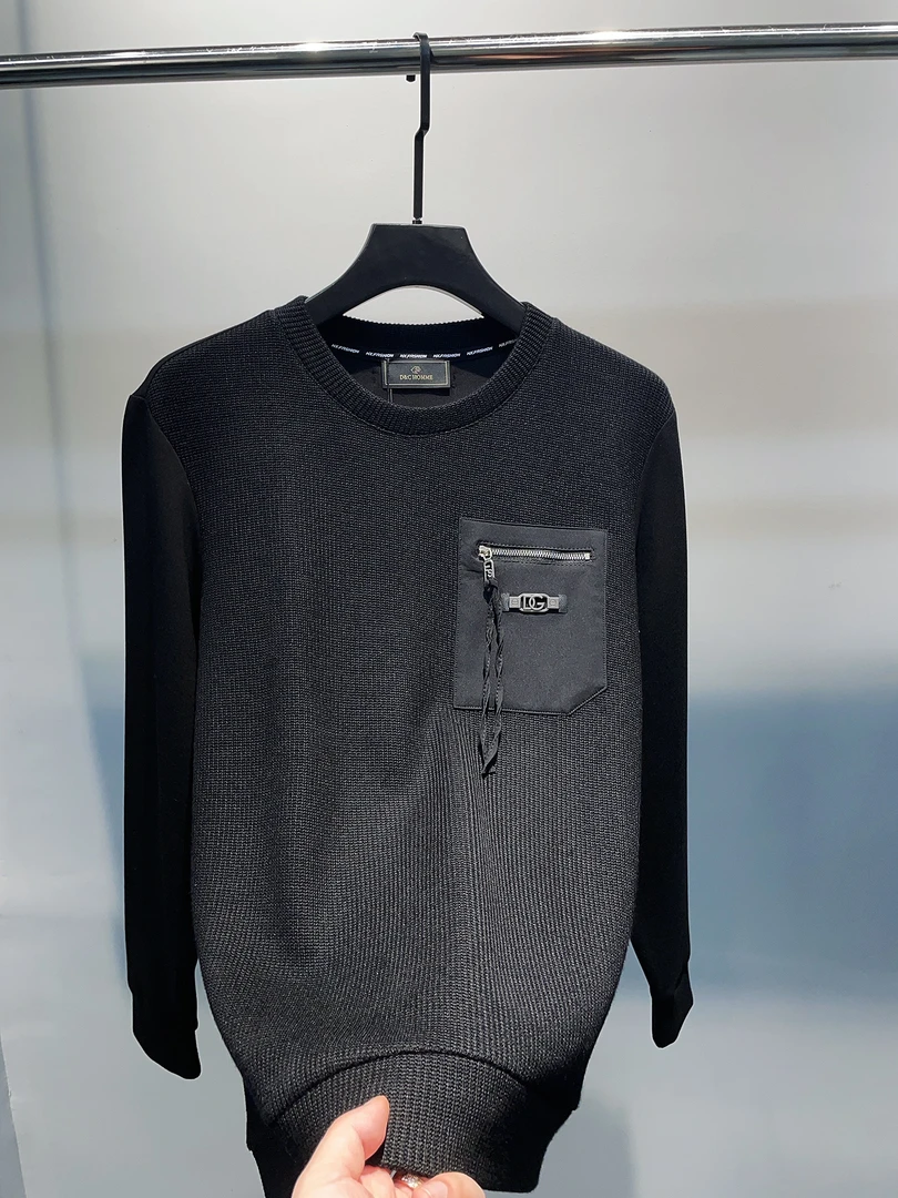 断码特惠长袖圆领秋冬男士几何图案冬季卫衣百搭套头拼接黑色