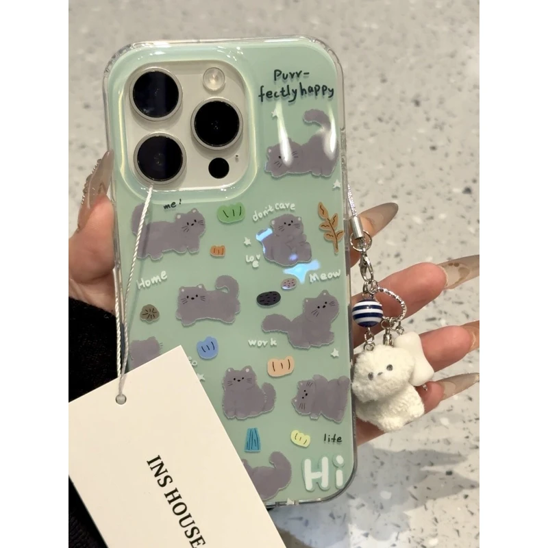 可爱绿底小猫咪适用16Promax手机壳13保护套15PRO大孔14少女1211