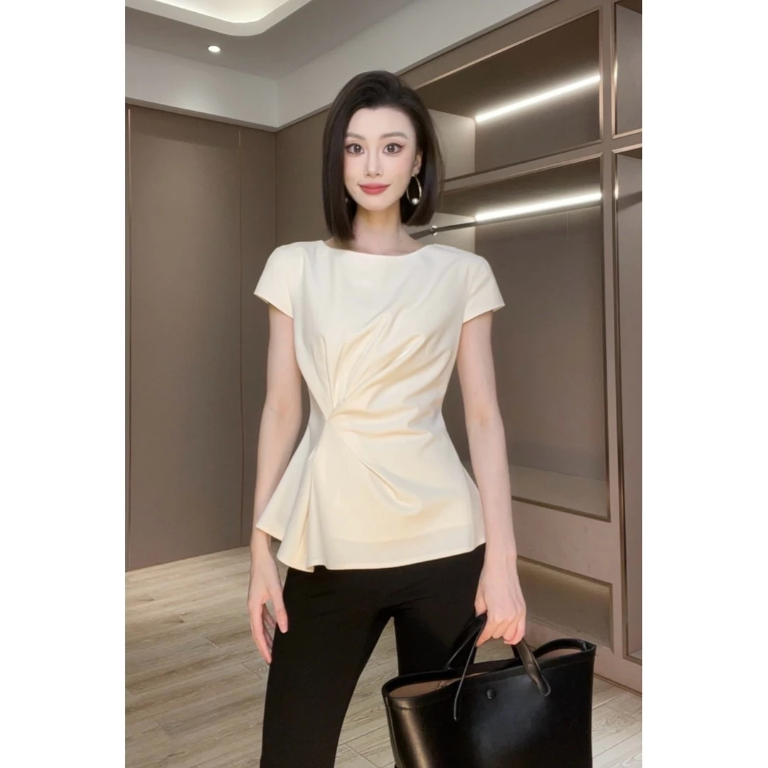 琦哥【掐出腰线】不规则设计时尚休闲显瘦洋气百搭扭褶上衣11578