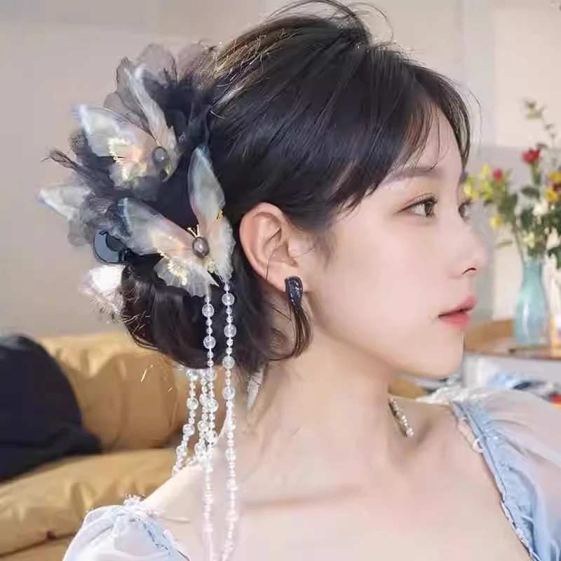 蝶花朵抓夹显发量超大号鲨鱼夹子发夹女2025新款纯欲风流苏发饰