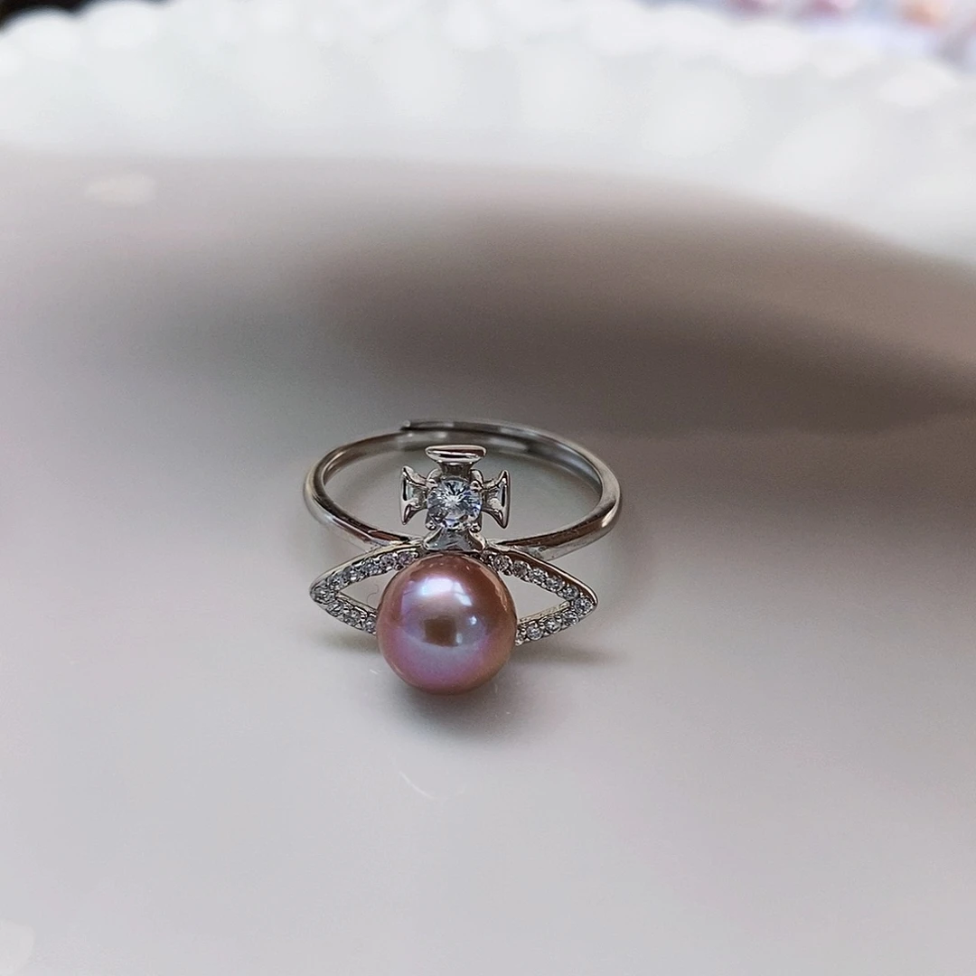 银S925镶嵌特价极光金属紫戒指8-9mm淡水珍珠