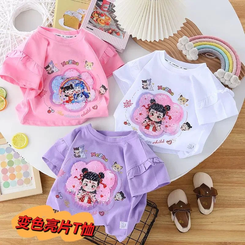 2025儿童纯棉短袖花边亮片变色半袖女童甜美洋气宽松T恤上衣百搭