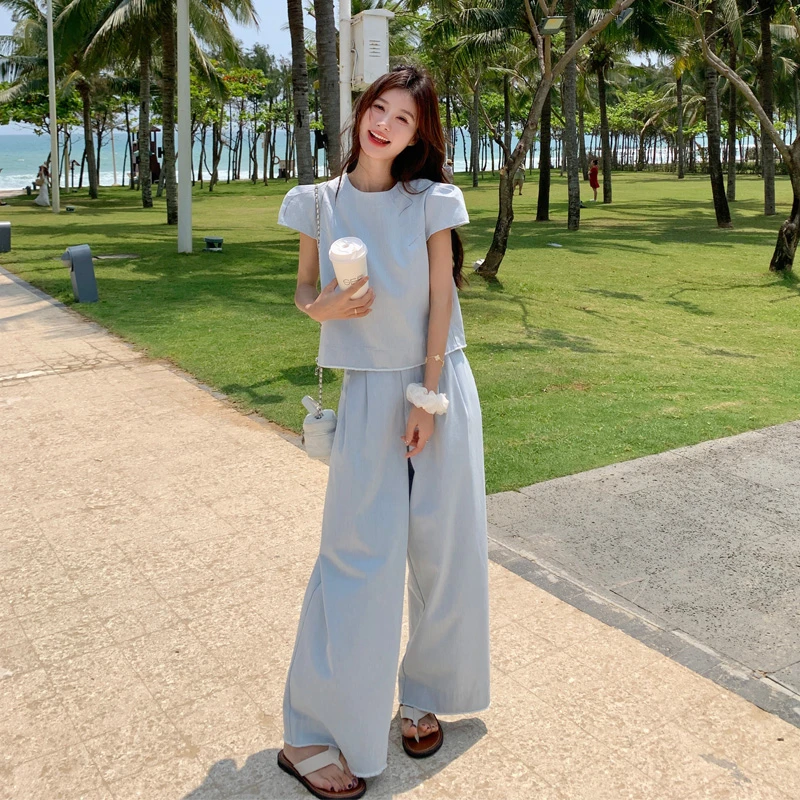 复古水洗牛仔套装裤2025女夏新款甜酷氛围感小众极简风穿搭两件套