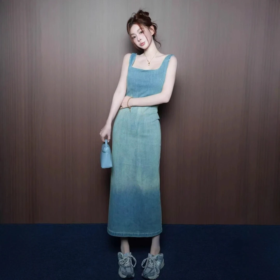 韩版无袖方领牛仔连衣裙子2025新款今年流行爆款法式收腰显瘦长裙