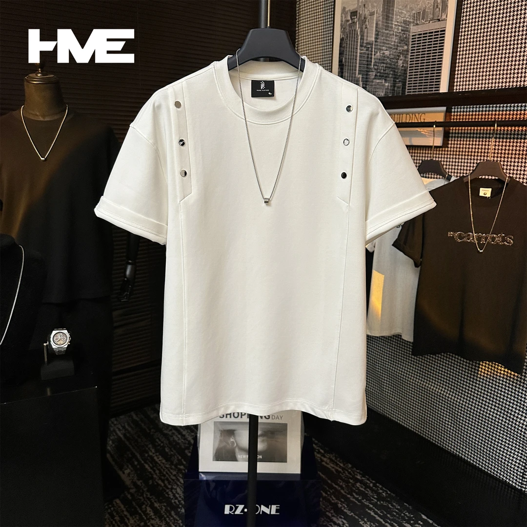 【HMEYAO】原创夏季高定重磅金属铆钉设计纯色冰感棉圆领短袖T恤男
