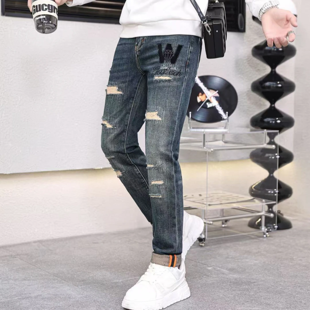 秋季新款5877蓝色修身补丁烫钻小脚牛仔长裤