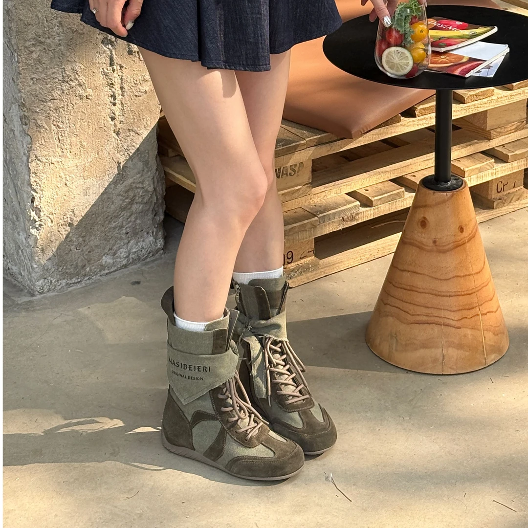 【신상품】夏季2025真皮靴子中筒复古户外工装废土风透气薄款马丁靴