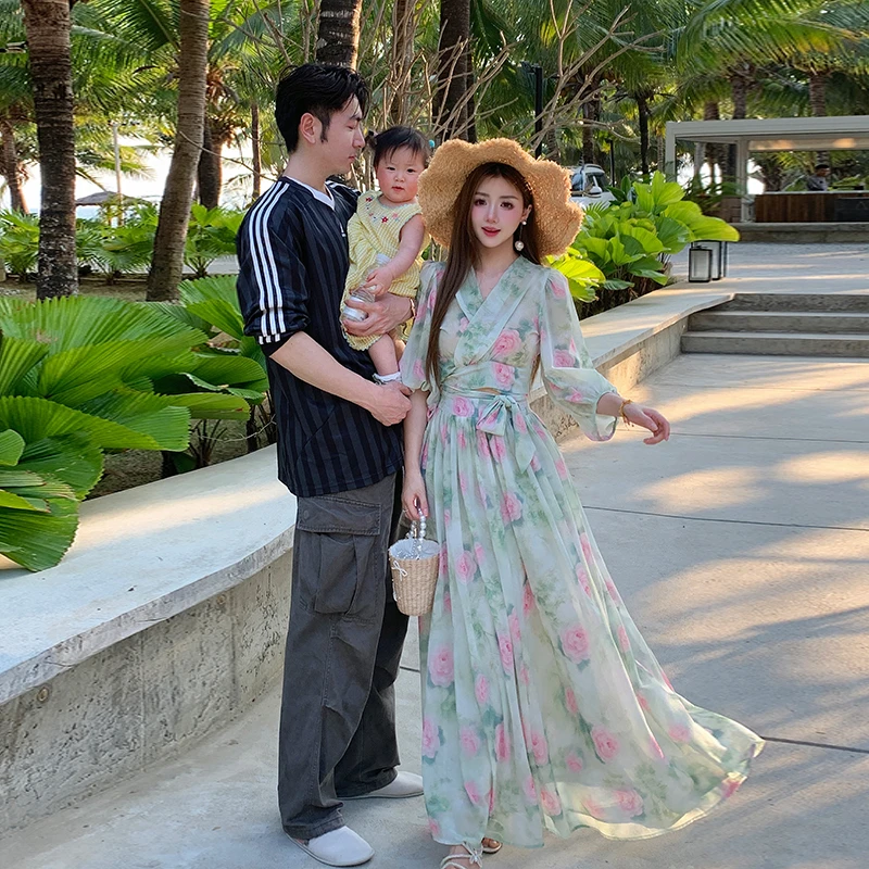 冰冰来了【松绿牡丹小众设计灯笼袖晕染印花上衣高腰长裙套装27116