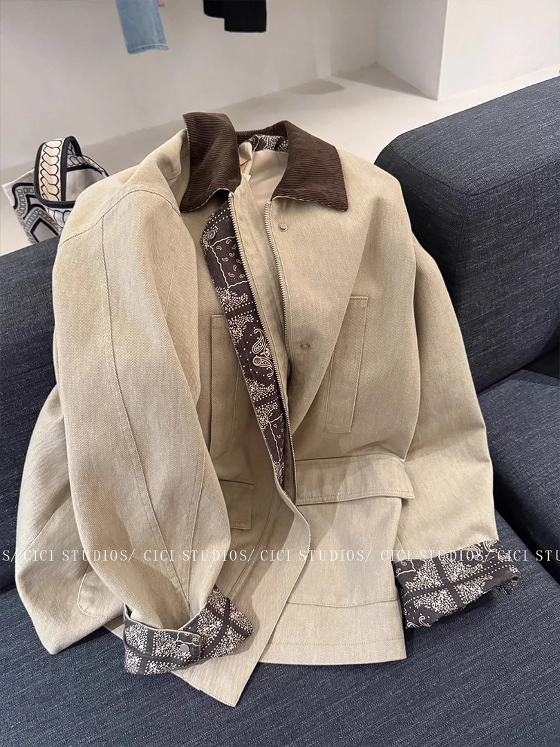 日系工装风提花翻领风衣外套女秋季2025新款复古休闲宽松慵懒夹克