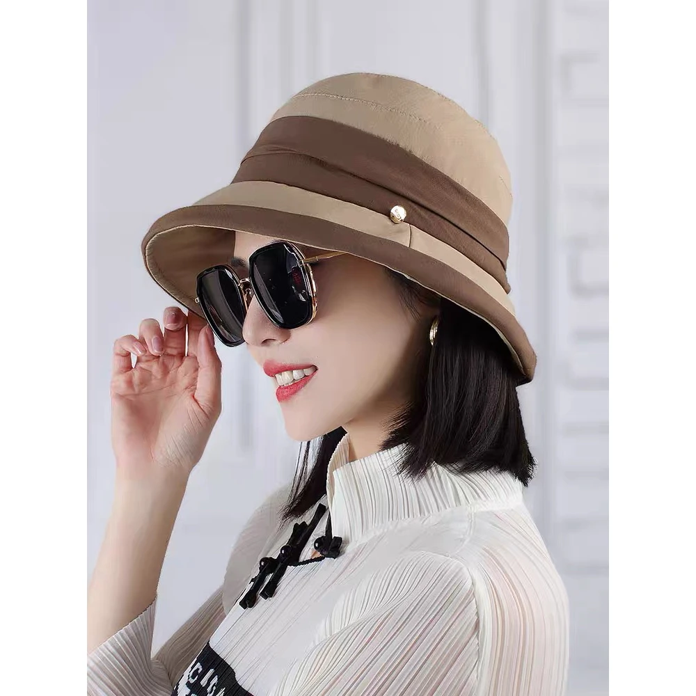 女士春秋休闲百搭渔夫帽圆顶显脸小布帽出游逛街中老年妈妈帽盆帽