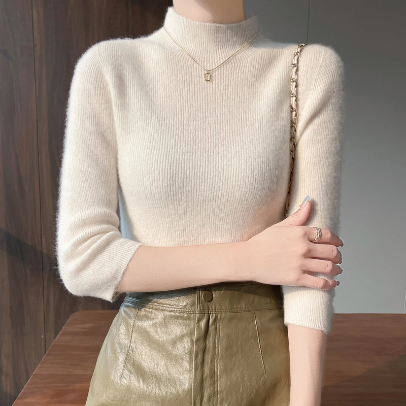 【格格专属】欧若风~七分袖一线成衣半高领修身内搭洋气纯色针织衫